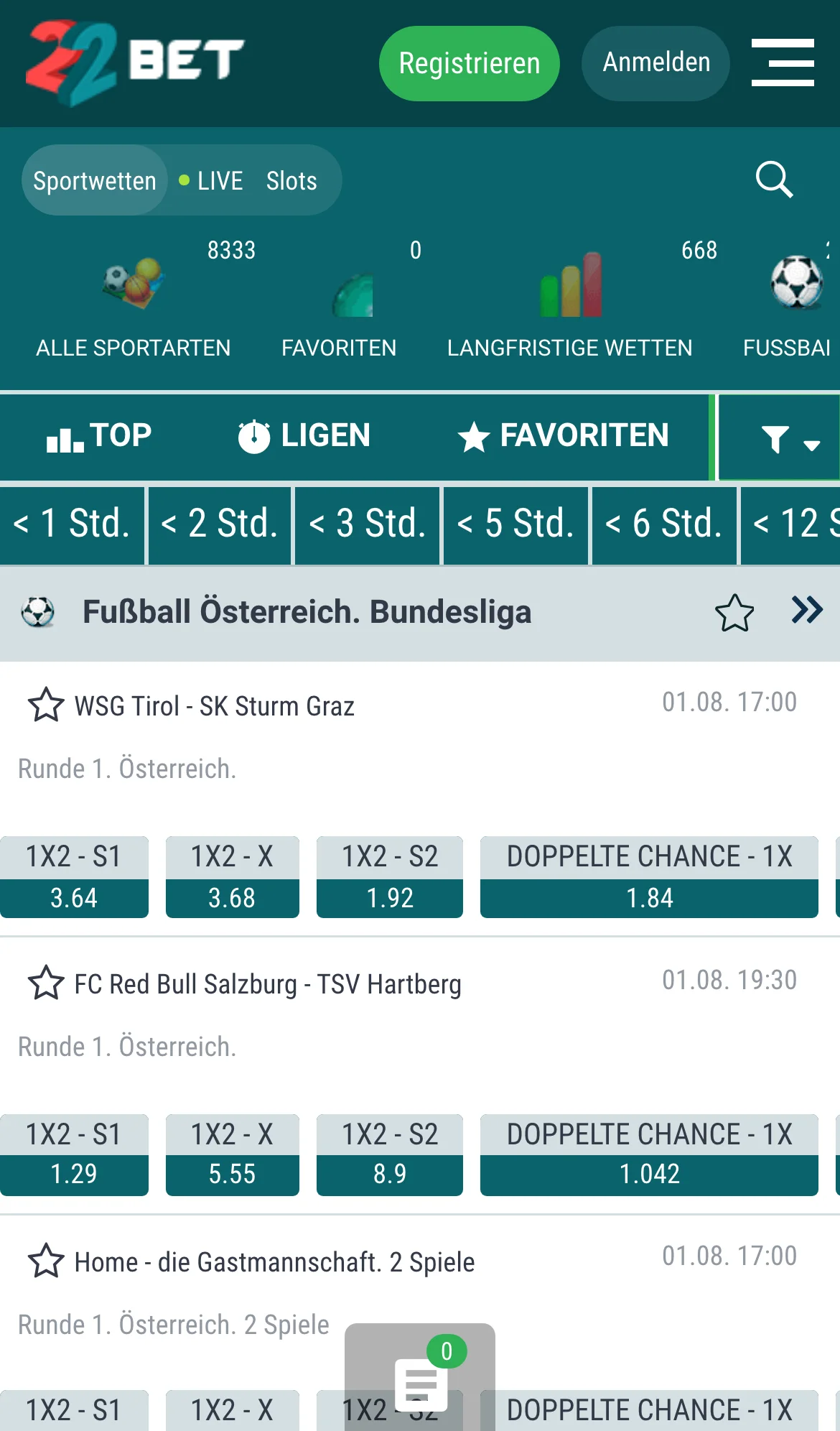22Bet Sportwetten Österreich Bundesliga mobil