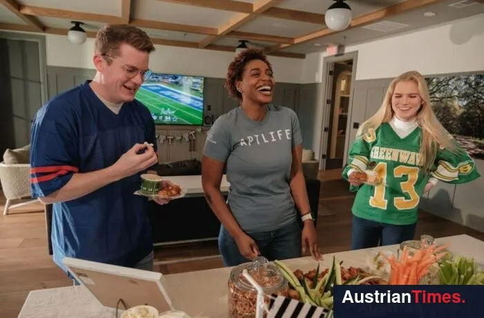 Friends laughing and eating snacks