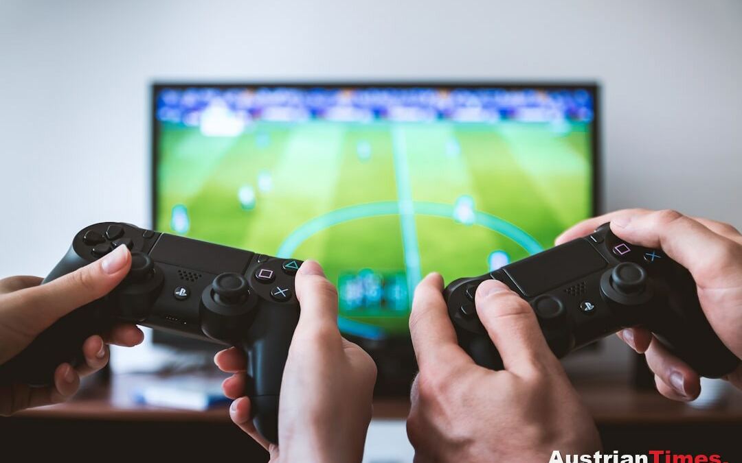 two people playing Sony PS4 two people playing Sony PS4