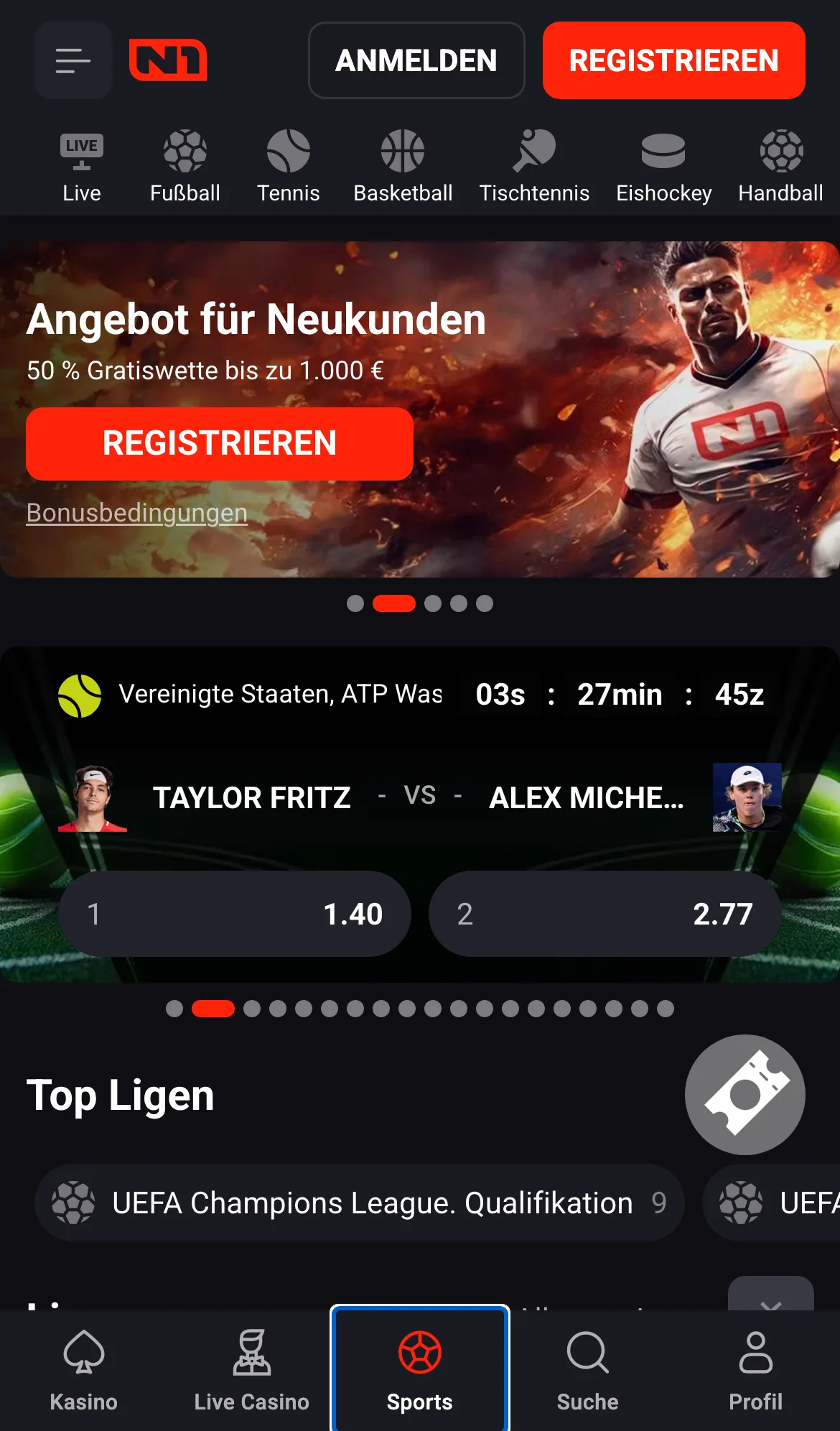 N1Bet Sportwetten mobil Übersicht